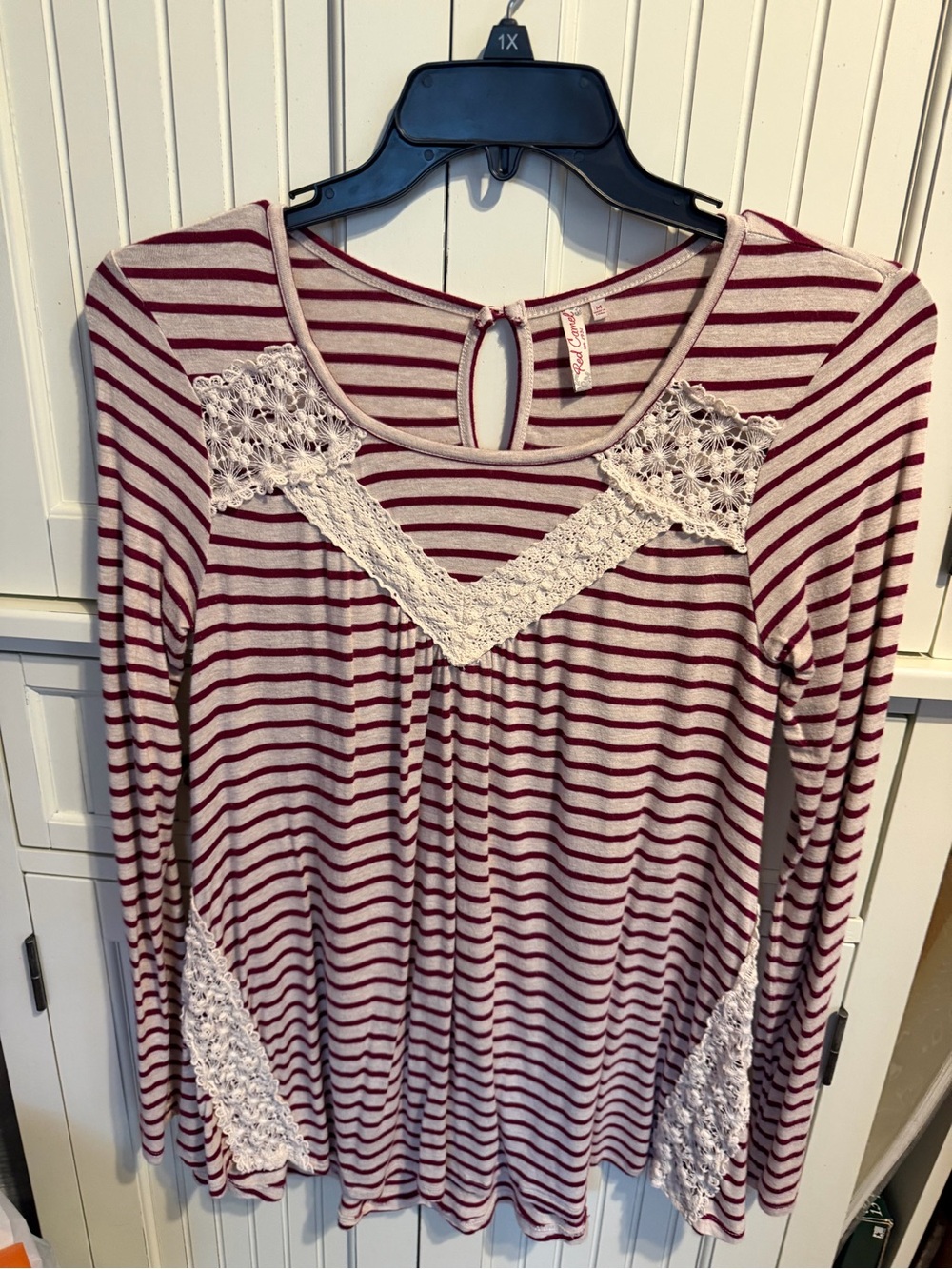 Red Camel Striped Tank with Crochet Lace - Maroon & Cream